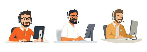Set of illustration of a smiling customer support agent on white background vector