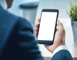 Man Holding Smartphone With Digital Wallet Interface in Modern Office Setting png