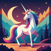a cartoon unicorn stands in front of a mountain range vector