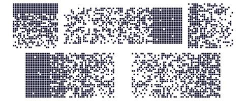Pixel disintegration background with decay effect. Design featuring dispersed square particles creating a disintegration look. Set of pixel mosaic textures on a white background. illustration. vector
