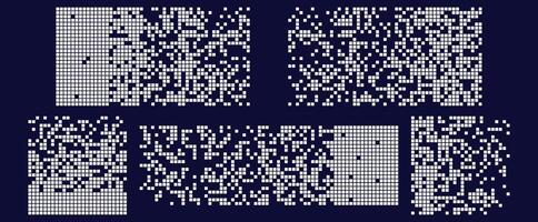 Background with a pixel disintegration effect. White square particles dispersed on a dark background. Set of pixel mosaic textures with a disintegration theme. illustration. vector