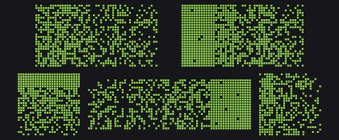 Background with green pixel disintegration effect. Dispersed square particles create a decay look on a dark background. Set of pixel mosaic textures with a disintegration theme. illustration. vector