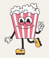 Groovy retro character bag of popcorn. Junk food. cartoon isolated illustration vector