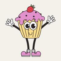 Groovy retro character cupcake, muffin. Sweetness. Junk food. cartoon isolated illustration vector