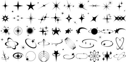 Set of Y2K abstract shapes on black background. Star, sparkle and simple geometric forms in retro style. templates for tattoo, logo, icon, notes, posters, banners, stickers, business cards. vector