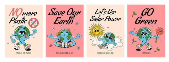 Set of motivation retro groovy posters or greeting cards templates with cute Earth planet characters and slogan of save Earth. Trendy cartoon illustrations. World Environment Day concept. vector