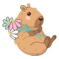 A cute and cuddly capybara character with flowers. Happy Birthday concept. Funny hand-drawn festive sticker. illustration isolated on transparent background. vector