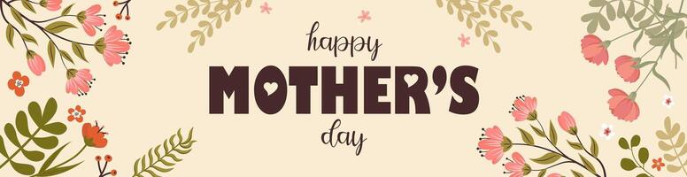 Happy Mother's day banner with beautiful hand drawn flowers, greenery in pastel colors and trendy typography. Romantic flat design for header of website, poster, social media. vector