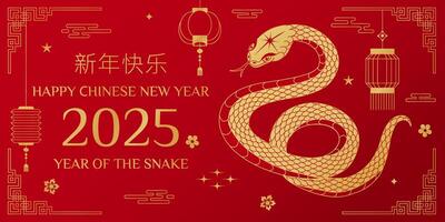Happy chinese new year of the snake 2025 banner with gold snake, flowers, lanterns, asian elements, inscription in Chinese . Happy Chinese New Year. Festive illustration for header of web site. vector