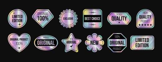 ector set of holographic stickers for original products. Rainbow labels, stickers, tags, holograms of various shapes for certified goods. Guarantee of authenticity. vector