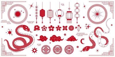 Set of decorative ornaments in Chinese style pattern, flower, lantern, cloud, snake, isolated on white background. Chinese New Year 2025. illustration in red color for cards, prints, posters. vector