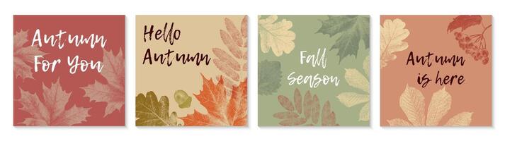 Abstract greeting cards with autumn leaves. Autumn backgrounds with grainy photocopy effect. Templates for posters, banners, web, social media. vector