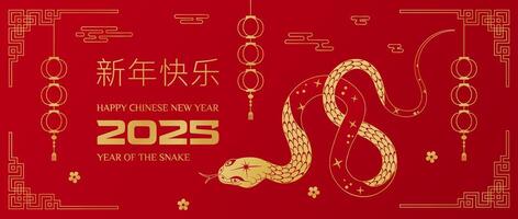 Happy chinese new year of the snake 2025 banner with gold snake, flower, lantern, asian elements and inscription in Chinese . Happy Chinese New Year. Festive illustration for header of web site vector