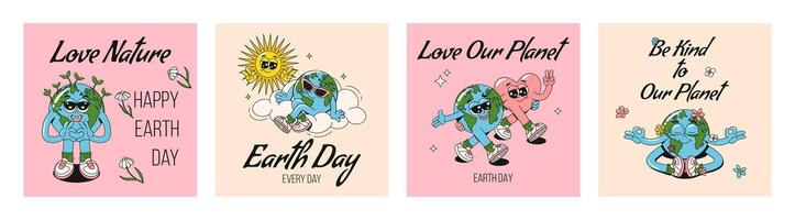 Set of motivation square cards, banners or posters in retro groovy style with cute Earth planet characters and slogan of save Earth. Trendy cartoon illustrations. Happy Earth Day concept. vector