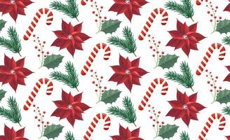 Charming Christmas seamless pattern with poinsettia, Oculus, Christmas tree twigs. festive illustration. Digital paper repeating background for wrapping paper, stationery, wallpaper. vector