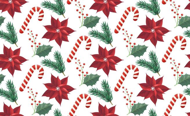 Charming Christmas seamless pattern with poinsettia, Oculus, Christmas tree twigs. festive illustration. Digital paper repeating background for wrapping paper, stationery, wallpaper.