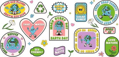 Set of ecology stickers in trendy retro cartoon groovy style. Earth planet, sun, water drop characters and motivation slogans. funny mascots, stamps, patches. Earth Day concept. Y2K aesthetics. vector