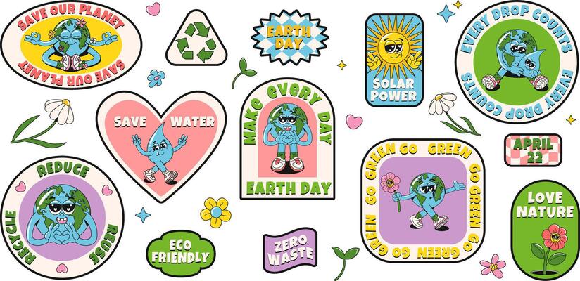 Set of ecology stickers in trendy retro cartoon groovy style. Earth planet, sun, water drop characters and motivation slogans. funny mascots, stamps, patches. Earth Day concept. Y2K aesthetics.
