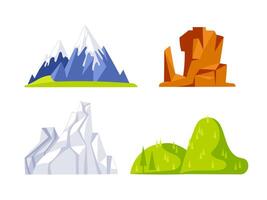 Set of four different mountain illustrations showing snowy peaks, rocky formations and green hills vector