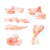 Bacon icons set. Raw or Smoked Bacon strips. Thin Fatty Slices of Pork Rashers. vector
