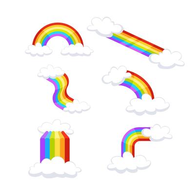 Rainbows and round halo rainbow with clouds on white background.