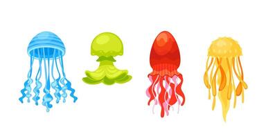 Four jellyfishes with different colors and shapes are swimming underwater in the ocean vector