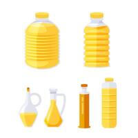 Different bottles and jugs filled with cooking oil are displayed on a white background vector