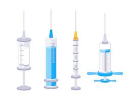 Syringes set. Medical plastic syringes of different sizes. Subcutaneous and intramuscular injections. vector