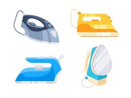 Four different types of irons are shown in a row. The irons are blue, yellow, and orange. vector