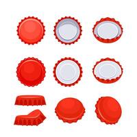 Set of red bottle caps showing different positions, opened and closed, top view and perspective vector