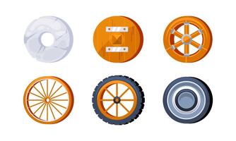 Set of wheels showing the evolution of this essential invention, from a simple stone to a modern rubber tire vector
