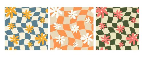 psychedelic retro checkerboard social media backgrounds set with groovy flowers. Groovy wavy y2k checkered prints vector