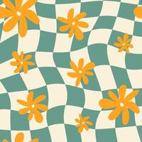 retro checkerboard with flowers social media backgrounds set. Groovy wavy y2k checkered prints vector