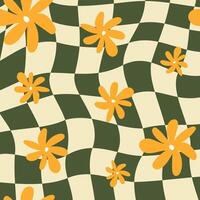 psychedelic retro checkerboard with daisy flowers social media background Groovy wavy y2k prints vector