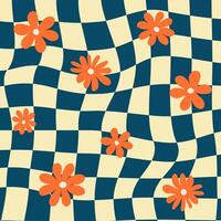 psychedelic retro checkerboard with daisy social media backgrounds set. Groovy wavy y2k checkered prints vector