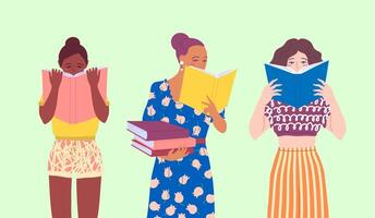 Cartoon Color Different Types Characters Girls Reading Set. vector