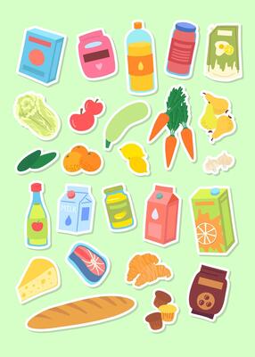 Cartoon Color Grocery Products Stickers Set.