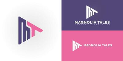 Modern triangle initial letter MT or TM logo in purple-pink color isolated on multiple background colors. The logo is suitable for feminine channel logo design inspiration templates. vector