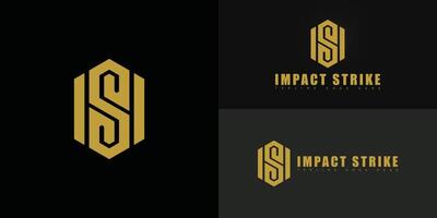 Modern hexagon initial letter IS or SI logo in gold color isolated on multiple background colors. The logo is suitable for martial arts course logo design inspiration templates. vector