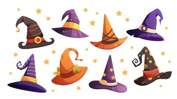 Set of wizard hats, witch hats. Cone hats, high headwear with metal buckles. illustrations on white background vector
