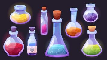 Set of glass chemical flasks. Jars, test tubes, containers with chemical reagents for laboratory. elements on white background vector
