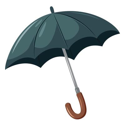 A black umbrella with a wooden handle. The umbrella is open and ready to be used