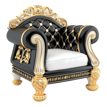 un negro y oro trono silla con león estatuas a el fondo en transparente antecedentes png