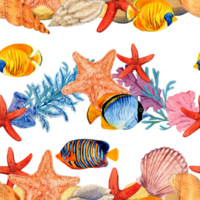 Seamless pattern with underwater inhabitants. Watercolor tropical fish, starfish, shells, algae and corals isolated on background. Seamless pattern in marine style for printing, clothes, invitations. png