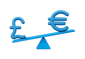 3d White Pound And Euro Symbol On Rounded Blue Icons With 3d Balance Weight Seesaw, 3d illustration png