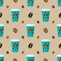 Seamless pattern paper cup of coffee with coffee beans on a bright background vector