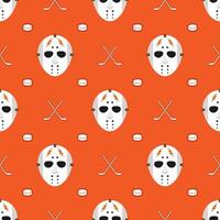 Seamless pattern hockey mask with stick and puck on orange background vector