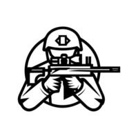 A black and white image of a man holding a rifle vector