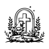 A black and white drawing of a tombstone with a cross vector