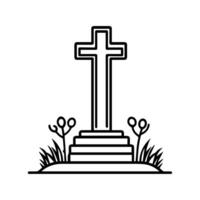 A cross on a grave with grass and flowers vector